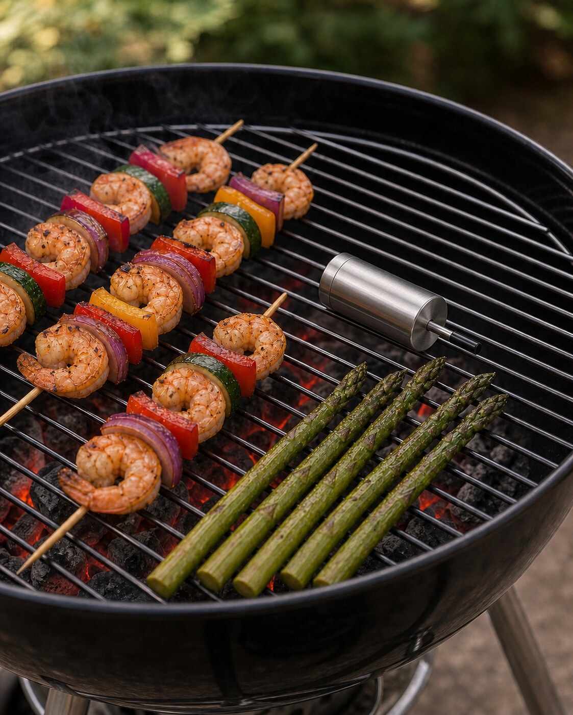 Barbican lying on its side at grate level beside shrimp kebabs and asparagus