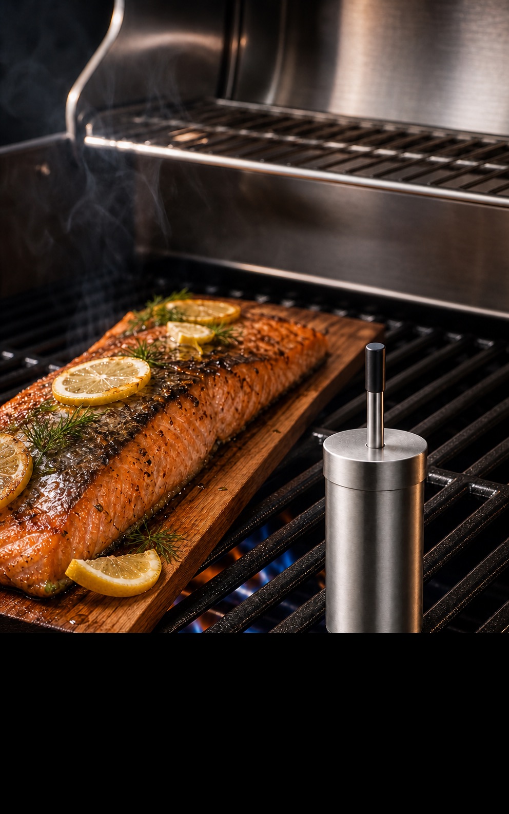 Barbican monitoring grill temperature beside salmon