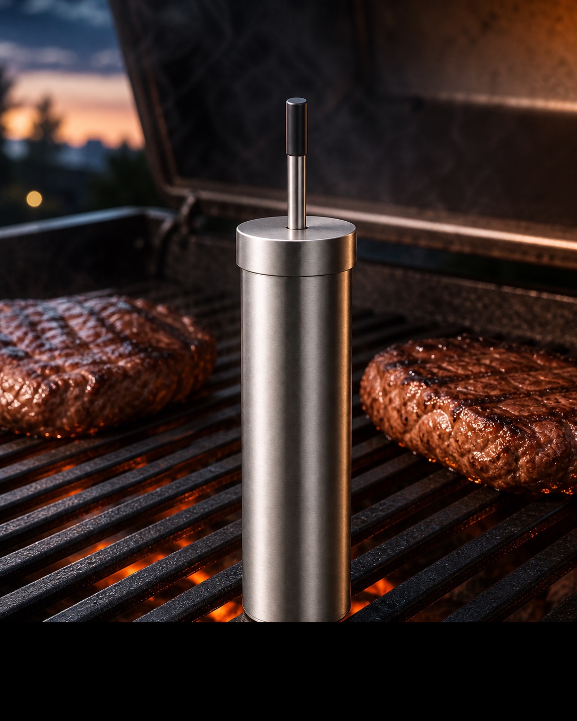 Barbican monitoring grill temperature beside steaks