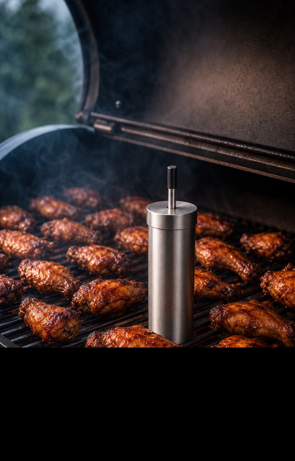 Barbican holding a wireless probe at grate level beside chicken wings